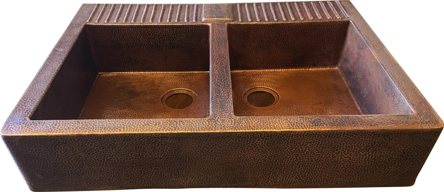 Double Farmhouse Copper Sink With Strainer | 37.5 in x 27 in x 9 in | CS-0185