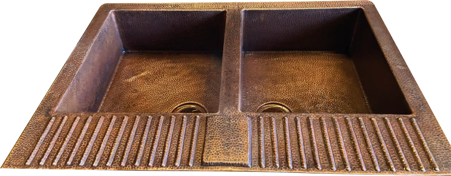 Double Farmhouse Copper Sink With Strainer | 37.5 in x 27 in x 9 in | CS-0185