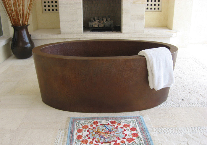Handcrafted Japanese-style double wall copper bathtub in a luxurious dark brown finish, a premium copper home accessory.
