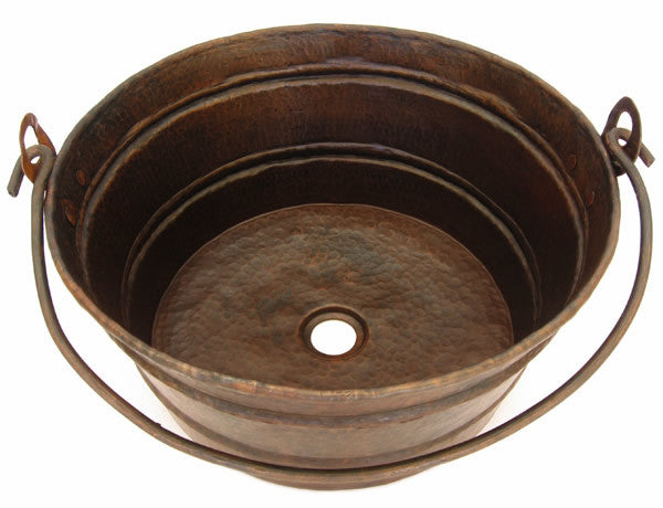 Hand-hammered copper vessel sink in bucket style, antique dark brown finish, perfect for bathroom or bar, by MexicanCopper.