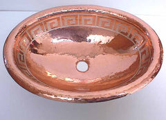 Oval Copper Bathroom Sinks in Silver Aztec Design